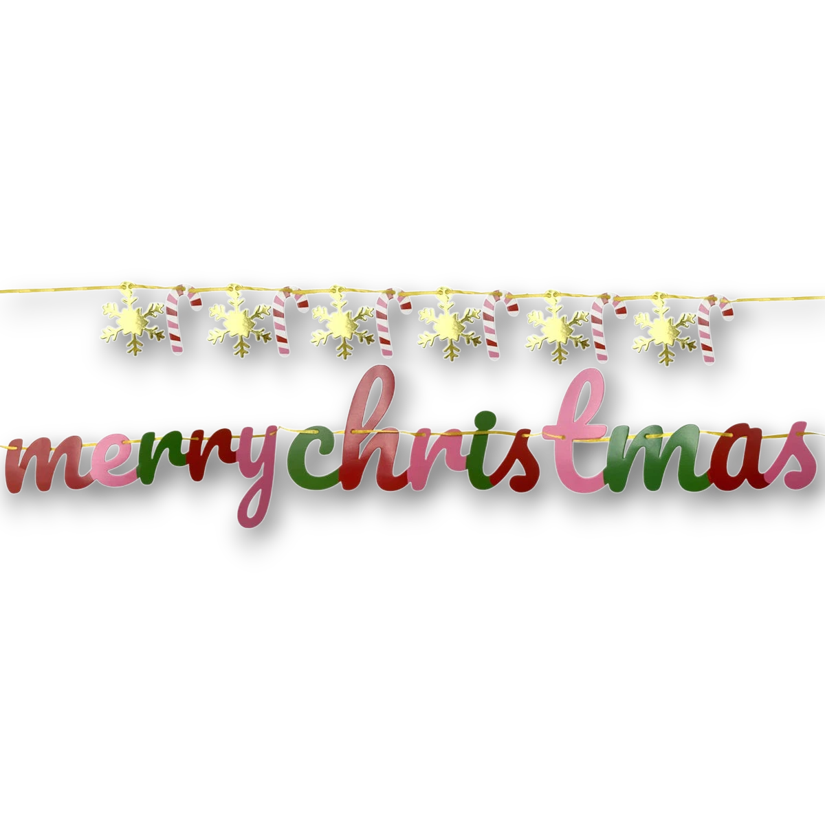 Banderín PartyStore Dulce Navidad con letras Merry Christmas, copos de nieve dorados y bastones de caramelo