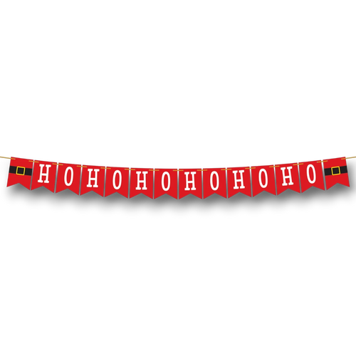 Banderín colgante navideño PartyStore con letras blancas HoHoHo sobre fondo rojo y detalles de cinturón de Santa