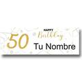 Banner personalizable PartyStore para 50 cumpleaños con diseño elegante en blanco, dorado y detalles geométricos