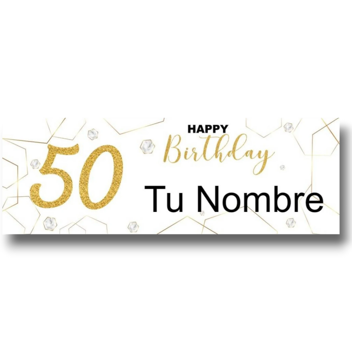 Banner personalizable PartyStore para 50 cumpleaños con diseño elegante en blanco, dorado y detalles geométricos