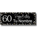 Banner de PartyStore para 60 cumpleaños personalizable con fondo negro, detalles en dorado y plateado y texto blanco