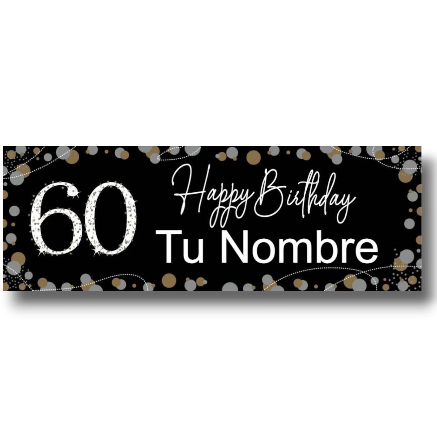 Banner de PartyStore para 60 cumpleaños personalizable con fondo negro, detalles en dorado y plateado y texto blanco