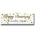 Banner Happy Anniversary personalizable de PartyStore con letras doradas y confeti sobre fondo blanco