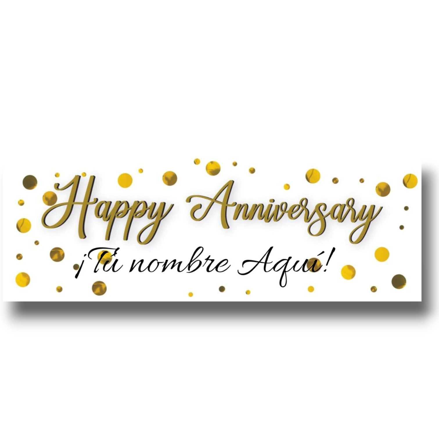 Banner Happy Anniversary personalizable de PartyStore con letras doradas y confeti sobre fondo blanco