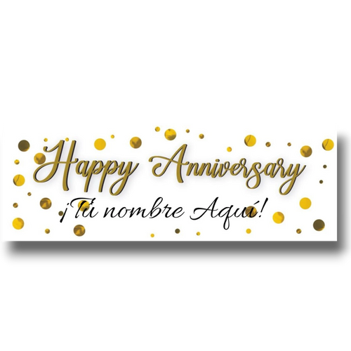 Banner Happy Anniversary personalizable de PartyStore con letras doradas y confeti sobre fondo blanco