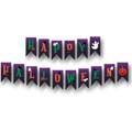 Banner de banderillas Happy Halloween de PartyStore con letras coloridas y decoraciones de fantasmas y calabazas