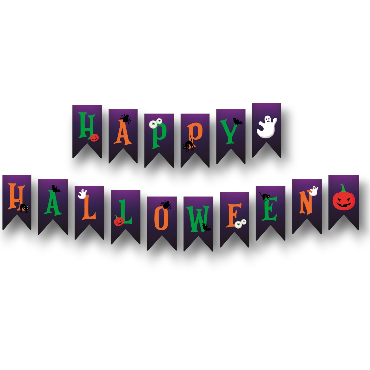 Banner de banderillas Happy Halloween de PartyStore con letras coloridas y decoraciones de fantasmas y calabazas
