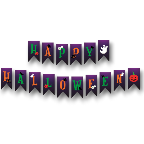 Banner de banderillas Happy Halloween de PartyStore con letras coloridas y decoraciones de fantasmas y calabazas