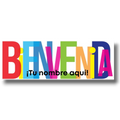 Banner de bienvenida PartyStore personalizable con letras coloridas superpuestas y espacio para nombre