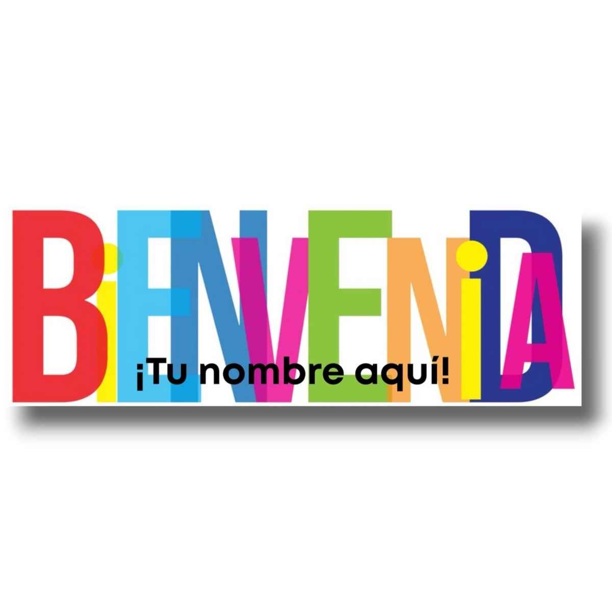 Banner de bienvenida PartyStore personalizable con letras coloridas superpuestas y espacio para nombre