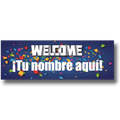 Banner de bienvenida personalizable PartyStore con fondo azul y confeti colorido para fiestas y celebraciones