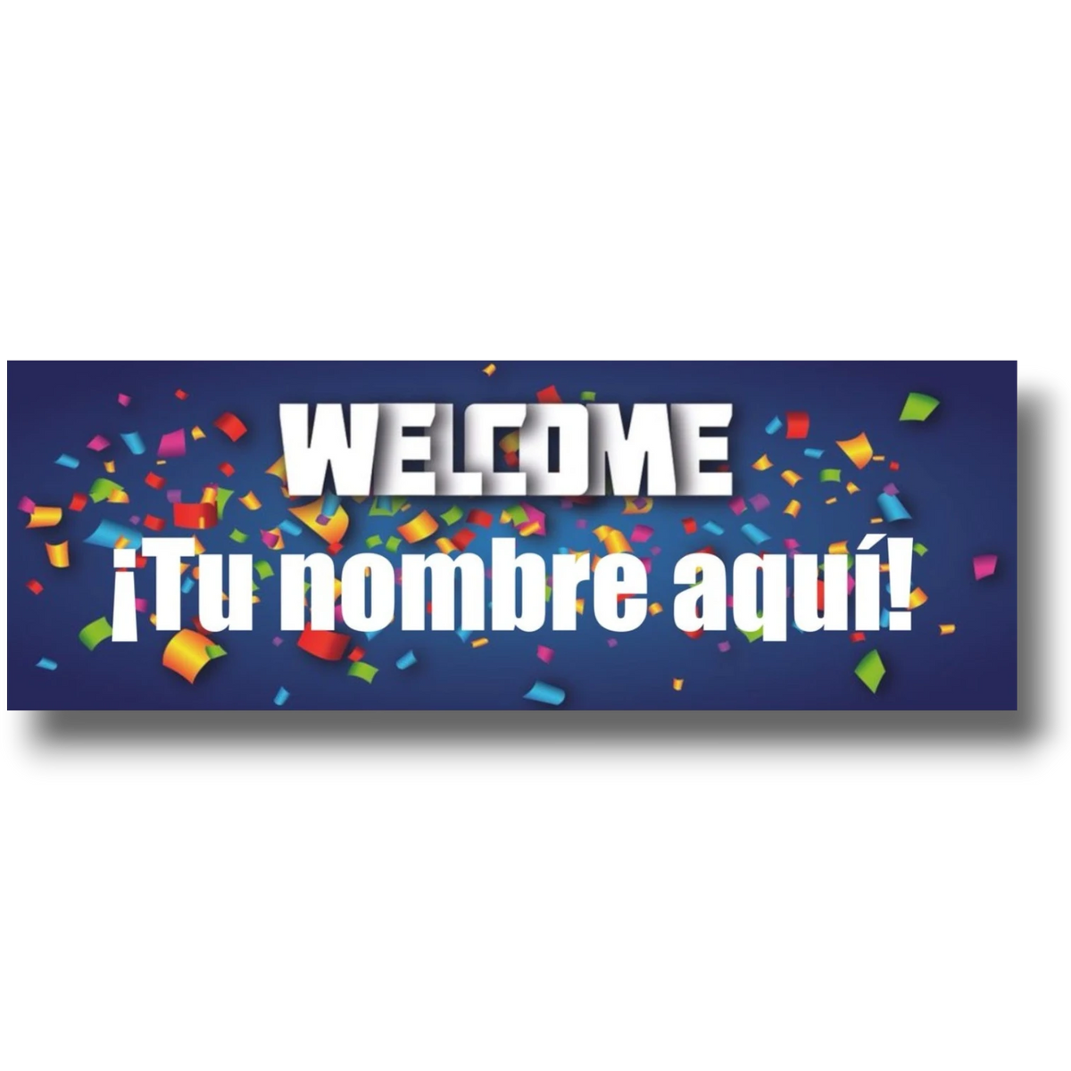 Banner de bienvenida personalizable PartyStore con fondo azul y confeti colorido para fiestas y celebraciones