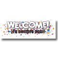 Banner de bienvenida personalizable PartyStore con letras blancas y confeti colorido sobre fondo blanco