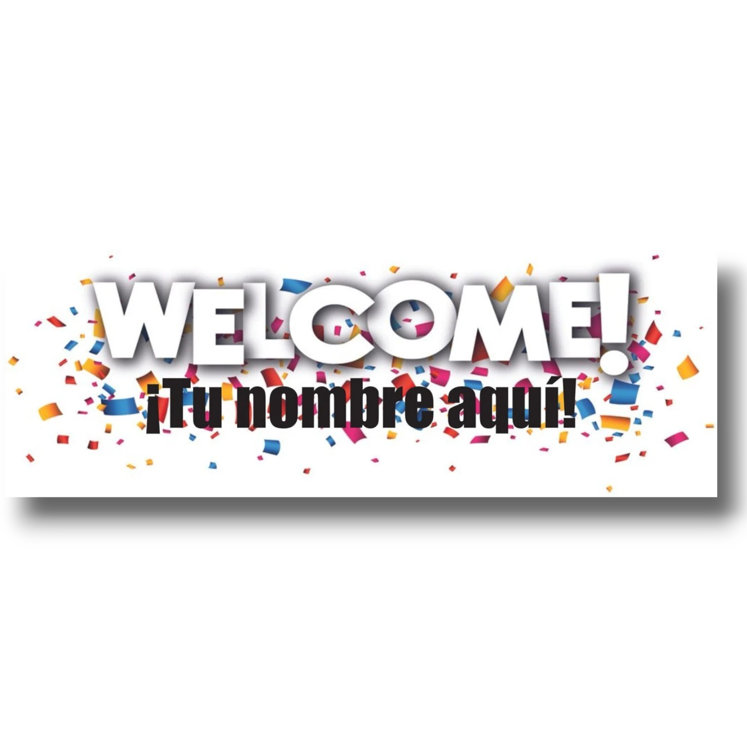 Banner de bienvenida personalizable PartyStore con letras blancas y confeti colorido sobre fondo blanco