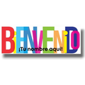 Banner de bienvenida personalizable PartyStore con letras coloridas y espacio para nombre sobre fondo blanco