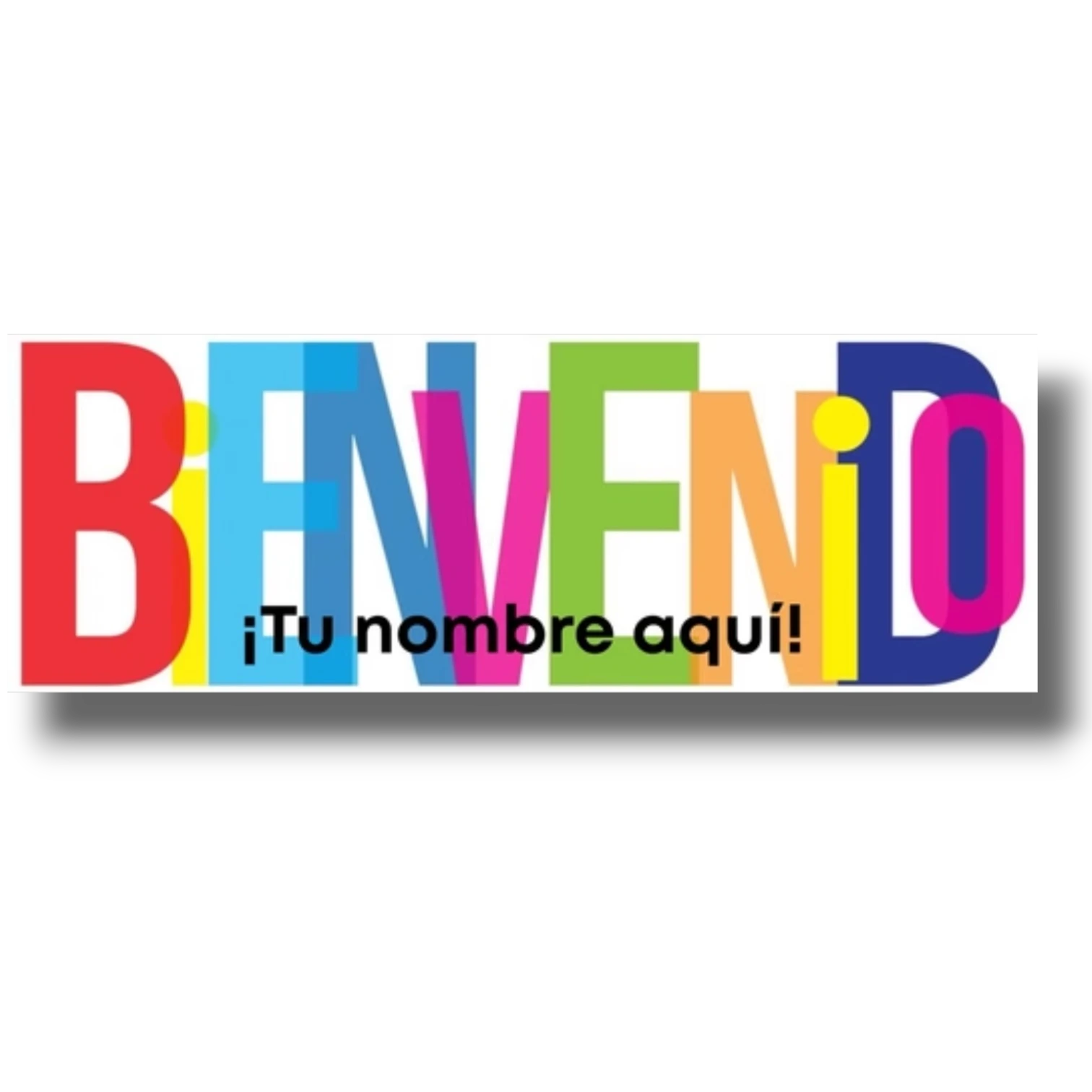 Banner de bienvenida personalizable PartyStore con letras coloridas y espacio para nombre sobre fondo blanco