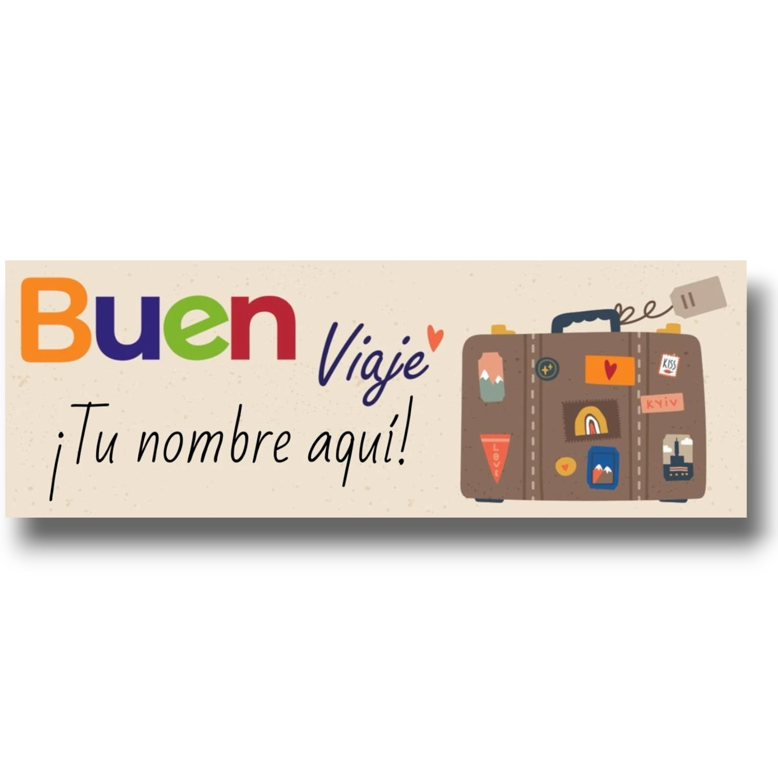 Banner personalizable PartyStore con texto Buen Viaje y maleta vintage decorada con pegatinas de viajes