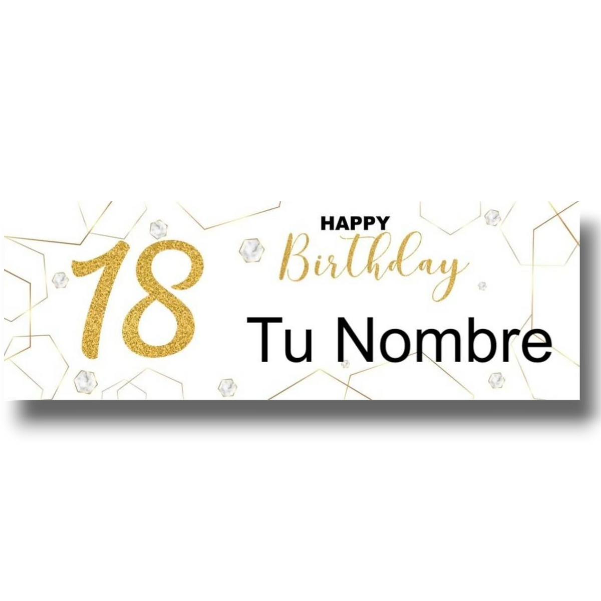 Banner personalizable PartyStore para cumpleaños 18 con diseño de números dorados, mármol y formas geométricas
