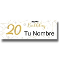 Banner de cumpleaños PartyStore personalizable con el número 20 en dorado brillante y detalles geométricos elegantes