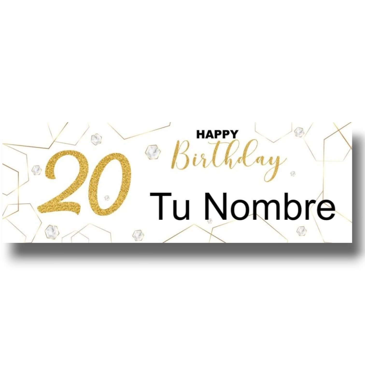 Banner de cumpleaños PartyStore personalizable con el número 20 en dorado brillante y detalles geométricos elegantes
