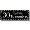 Banner de cumpleaños PartyStore negro con el número 30 brillante, texto personalizable y confeti dorado y plateado.