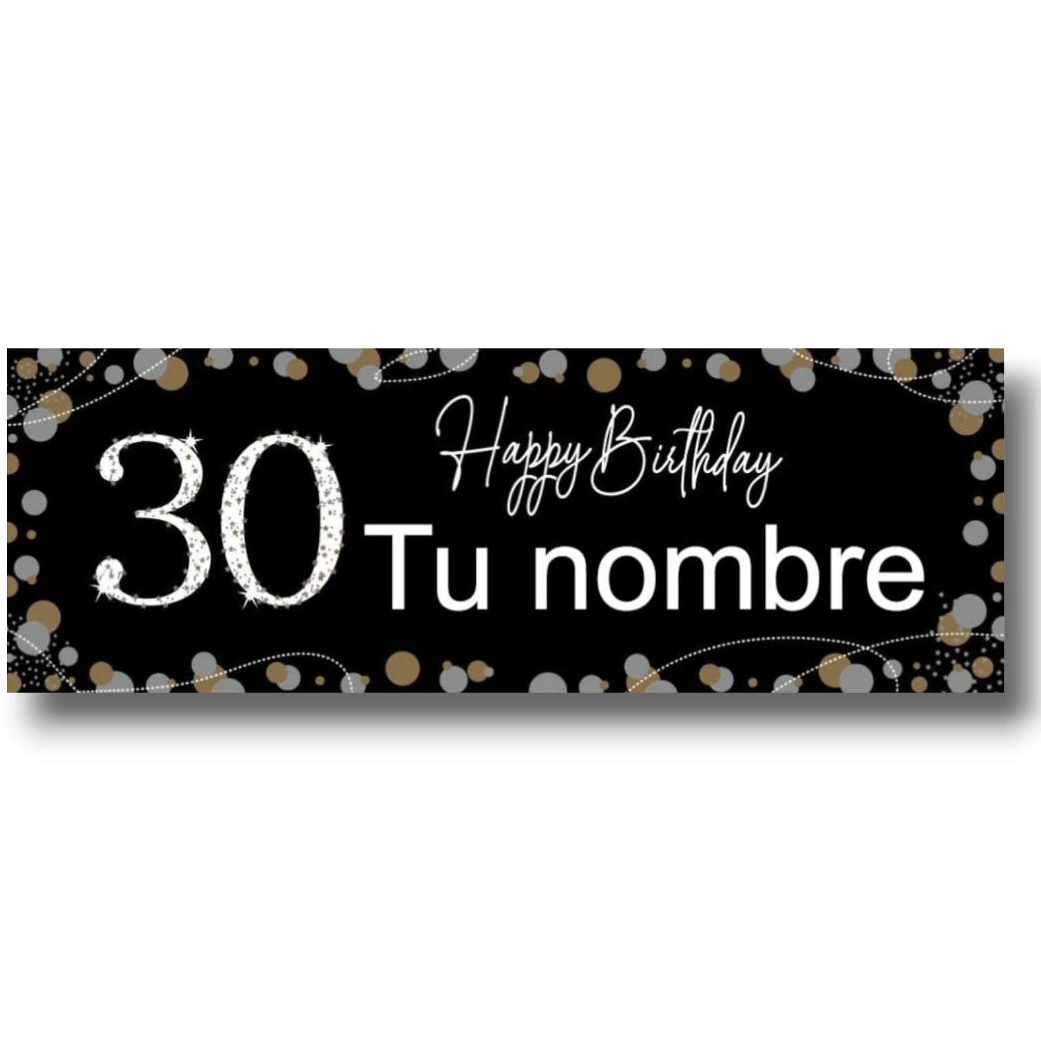 Banner de cumpleaños PartyStore negro con el número 30 brillante, texto personalizable y confeti dorado y plateado.