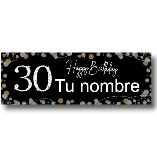 Banner de cumpleaños PartyStore negro con el número 30 brillante, texto personalizable y confeti dorado y plateado.