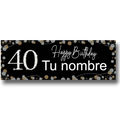 Banner de cumpleaños PartyStore negro con el número 40 brillante, texto personalizable y detalles de confeti