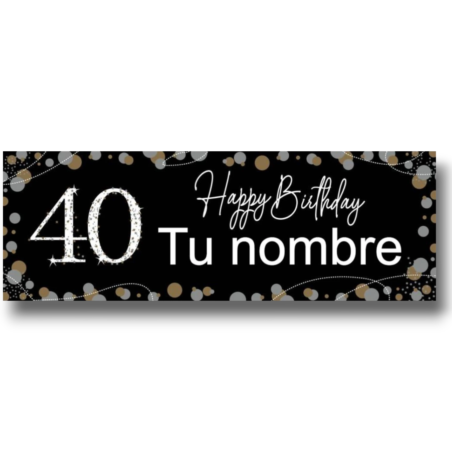 Banner de cumpleaños PartyStore negro con el número 40 brillante, texto personalizable y detalles de confeti