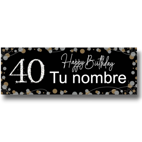 Banner de cumpleaños PartyStore negro con el número 40 brillante, texto personalizable y detalles de confeti
