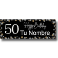 Banner de cumpleaños PartyStore negro con el número 50 brillante, detalles de confeti dorado y plateado personalizable