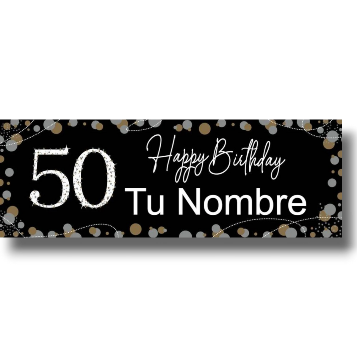 Banner de cumpleaños PartyStore negro con el número 50 brillante, detalles de confeti dorado y plateado personalizable