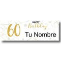 Banner de cumpleaños PartyStore personalizable con el número 60 en dorado brillante y detalles geométricos elegantes