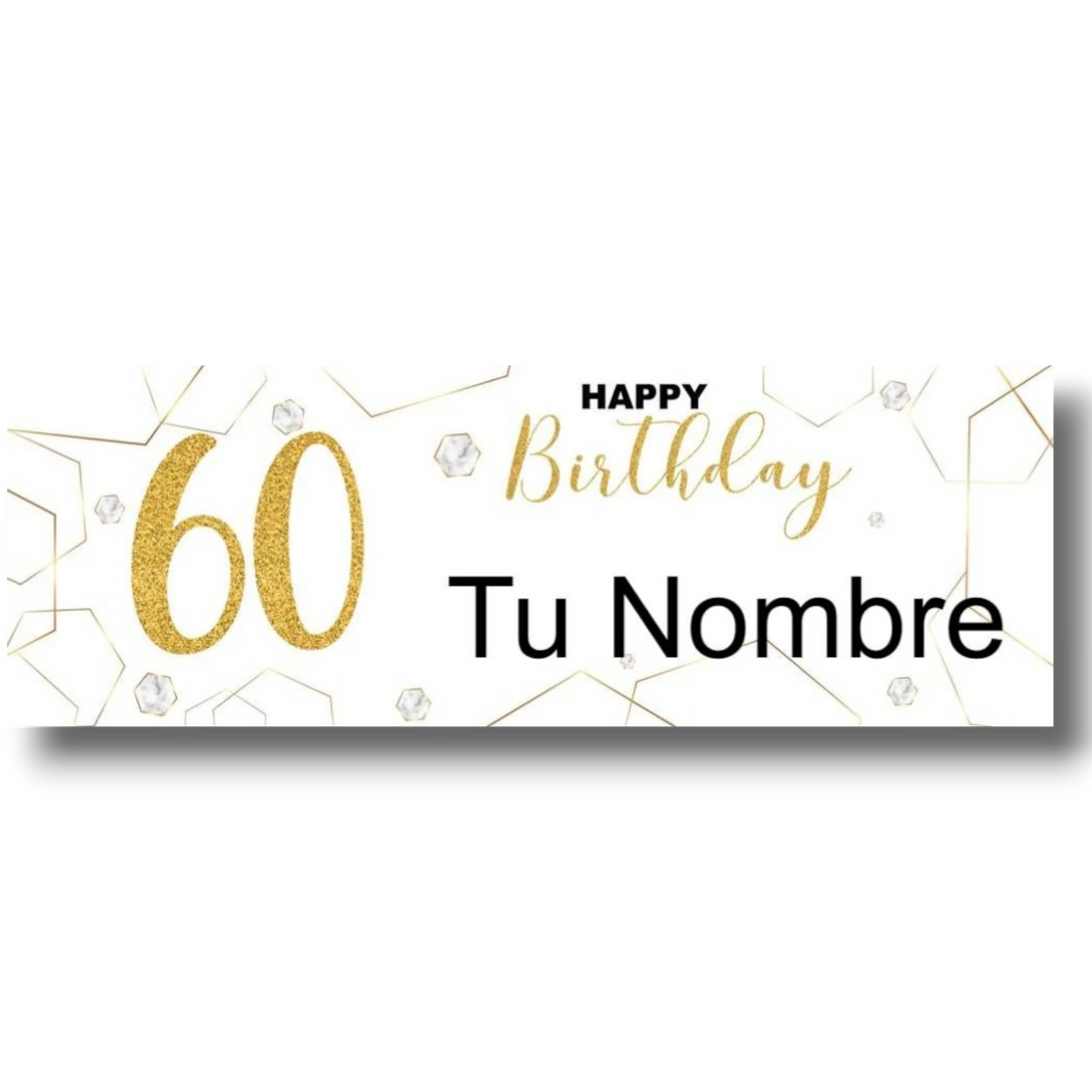 Banner de cumpleaños PartyStore personalizable con el número 60 en dorado brillante y detalles geométricos elegantes