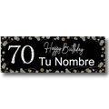 Banner de cumpleaños PartyStore para 70 años con fondo negro, detalles de confeti dorado y plateado y texto personalizable