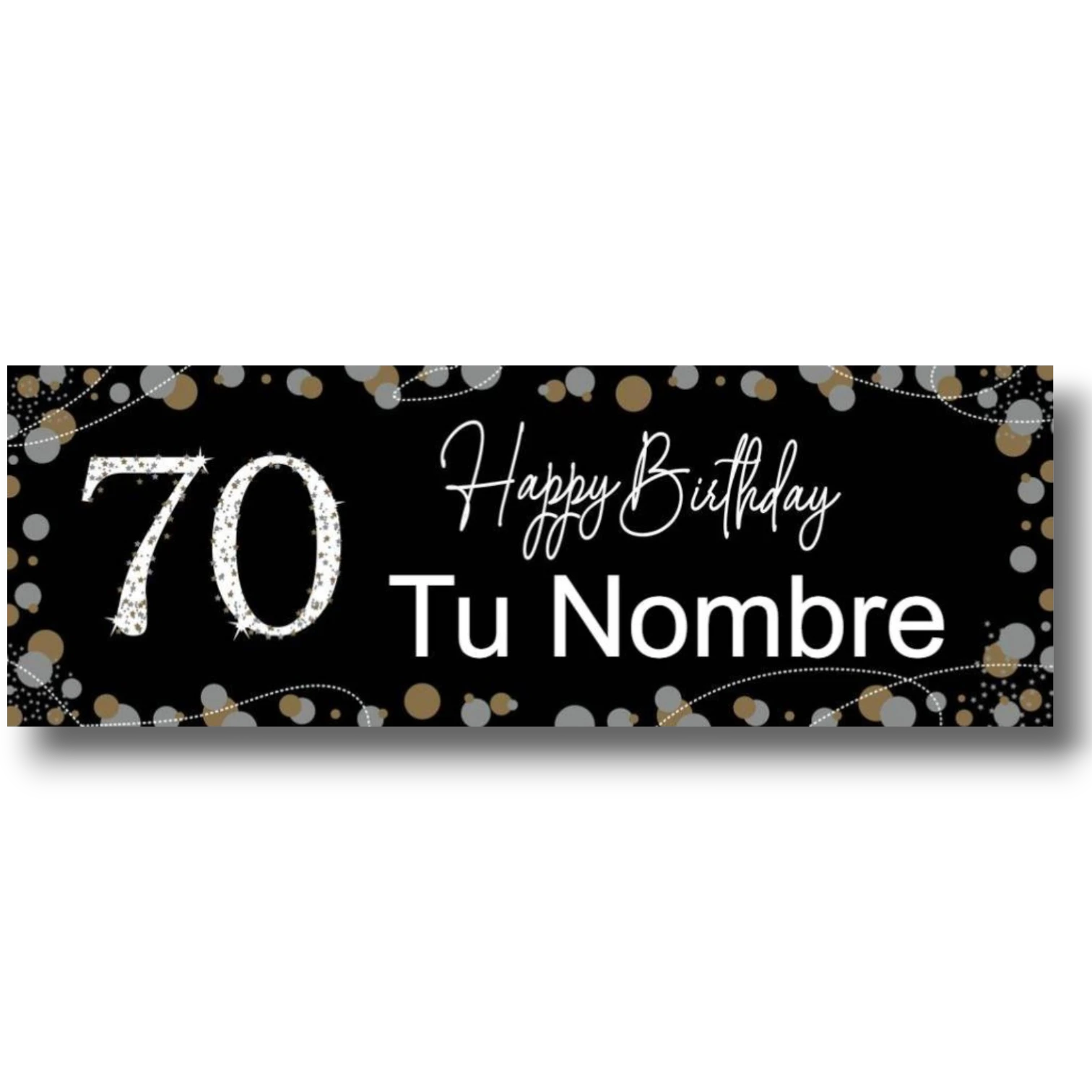 Banner de cumpleaños PartyStore para 70 años con fondo negro, detalles de confeti dorado y plateado y texto personalizable