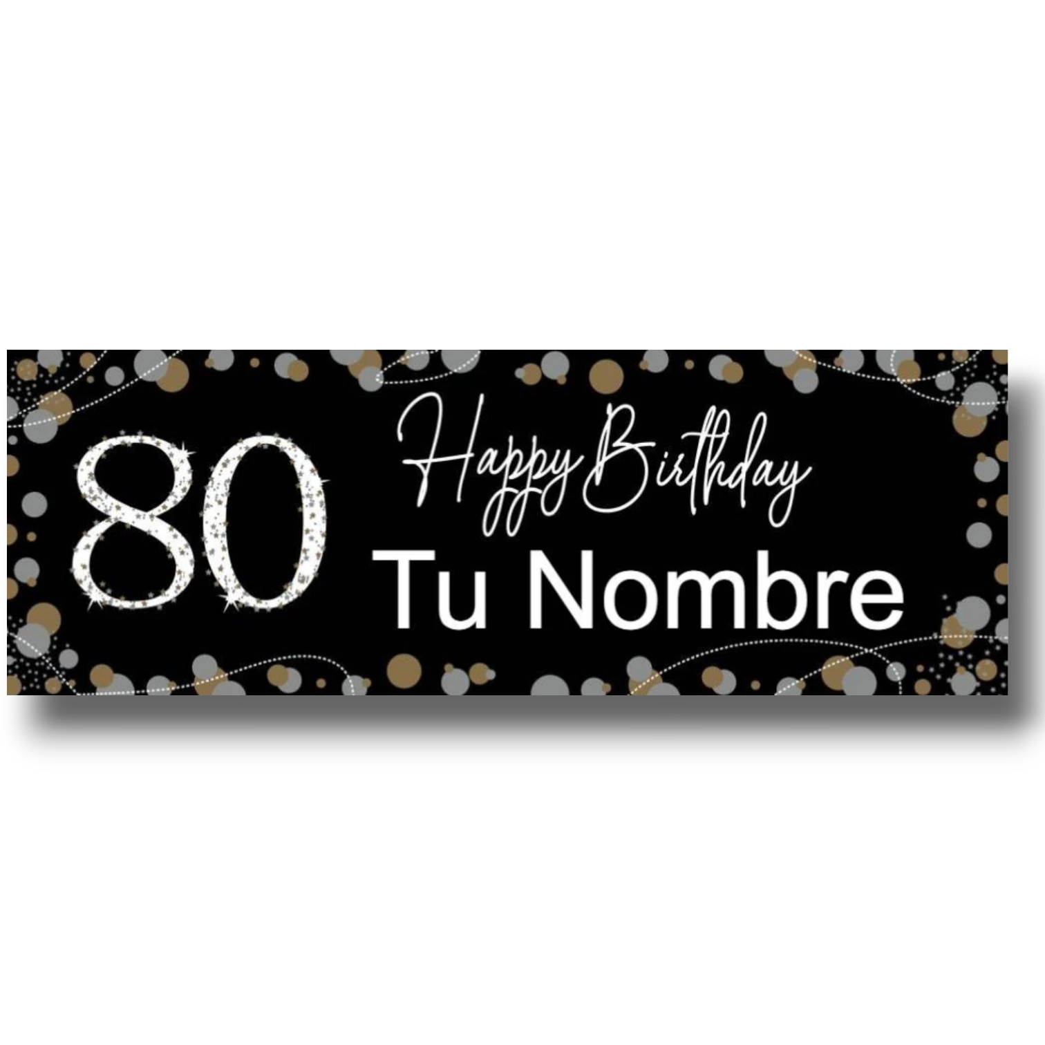 Banner de cumpleaños PartyStore negro con el número 80 en blanco y espacio personalizable para nombre
