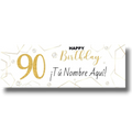 Banner de cumpleaños PartyStore personalizado con el número 90 en dorado brillante y detalles geométricos elegantes
