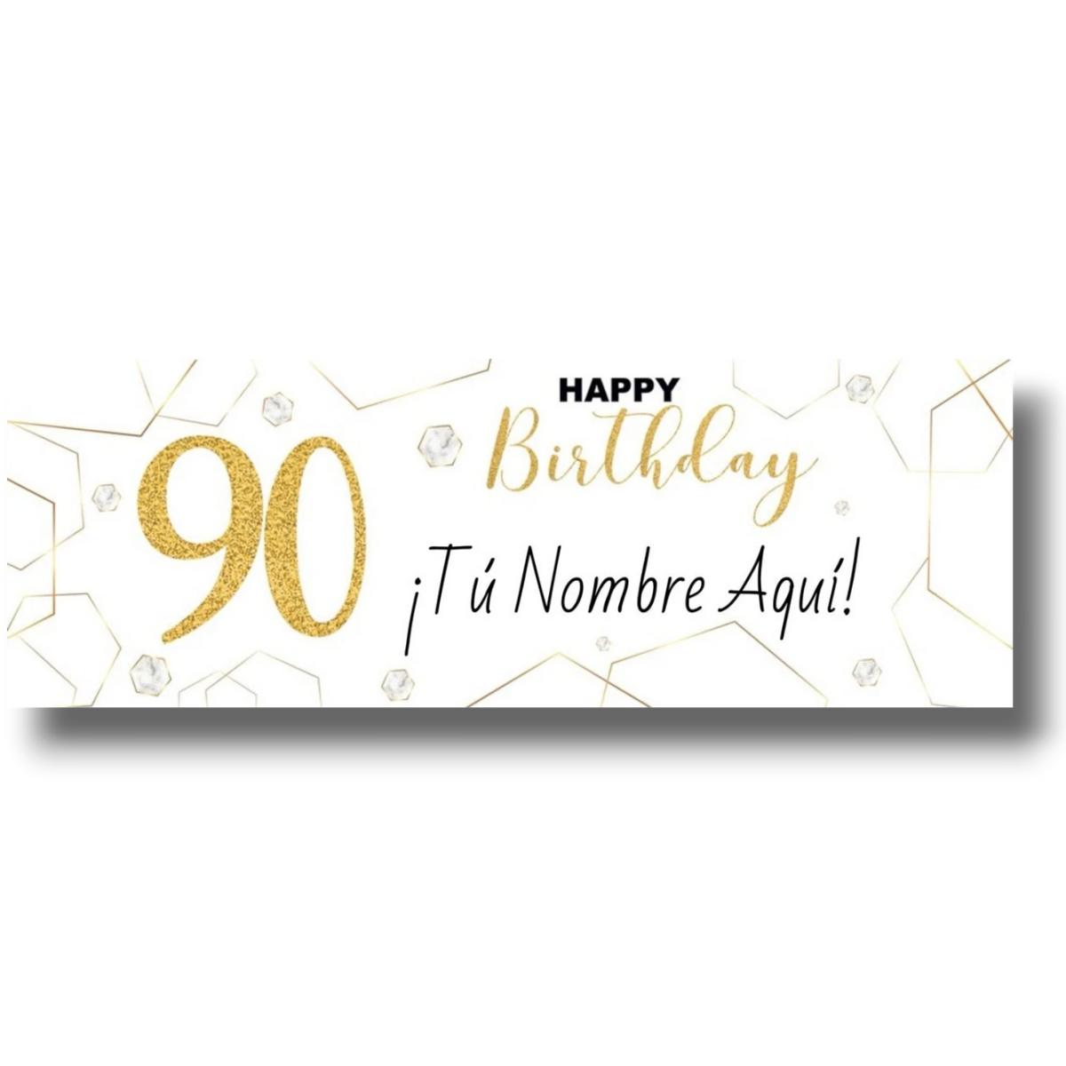 Banner de cumpleaños PartyStore personalizado con el número 90 en dorado brillante y detalles geométricos elegantes
