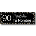 Banner de cumpleaños PartyStore negro con el número 90 en plateado brillante y espacio para nombre personalizado