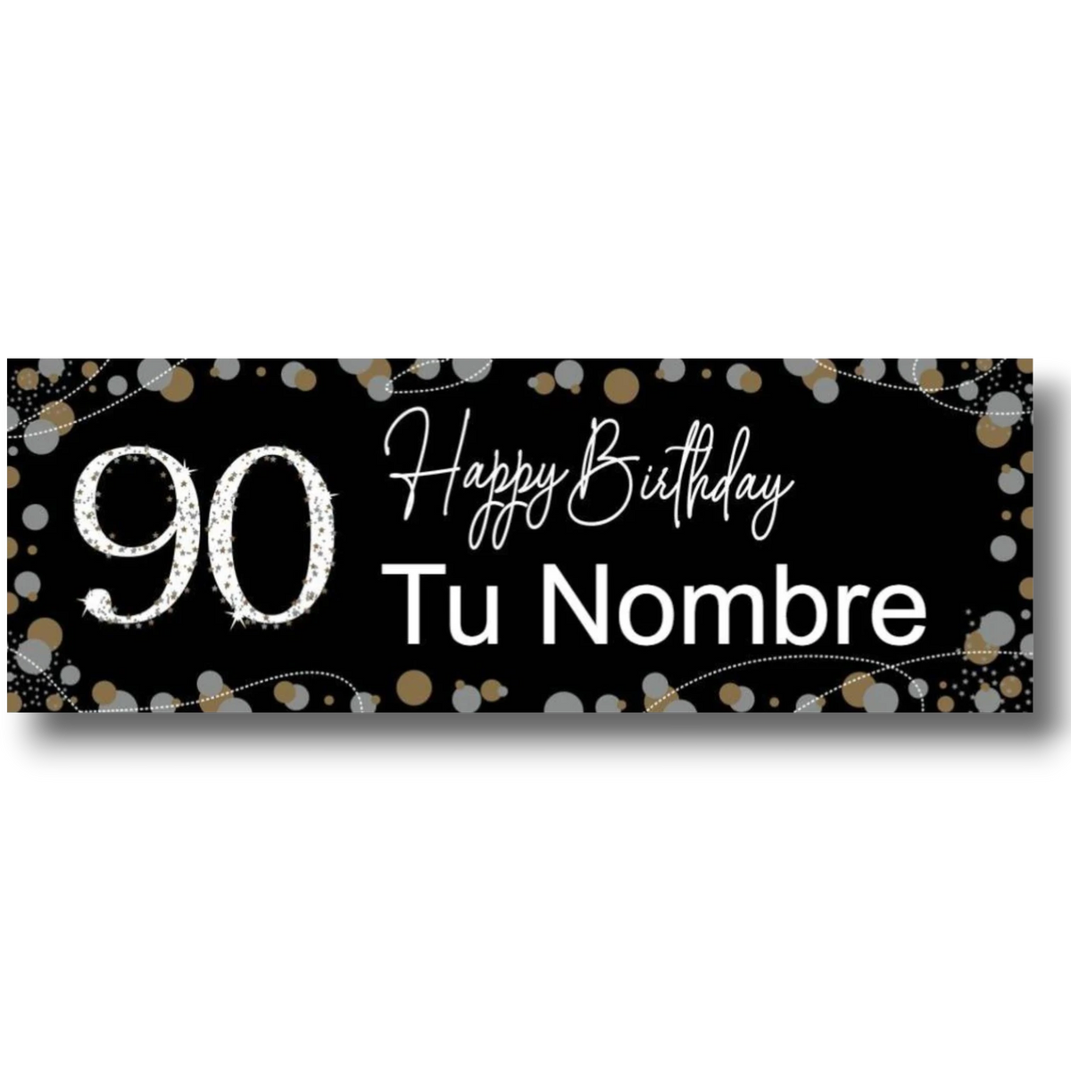 Banner de cumpleaños PartyStore negro con el número 90 en plateado brillante y espacio para nombre personalizado