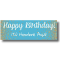 Banner de cumpleaños PartyStore azul con letras blancas y confeti dorado, personalizable con nombre