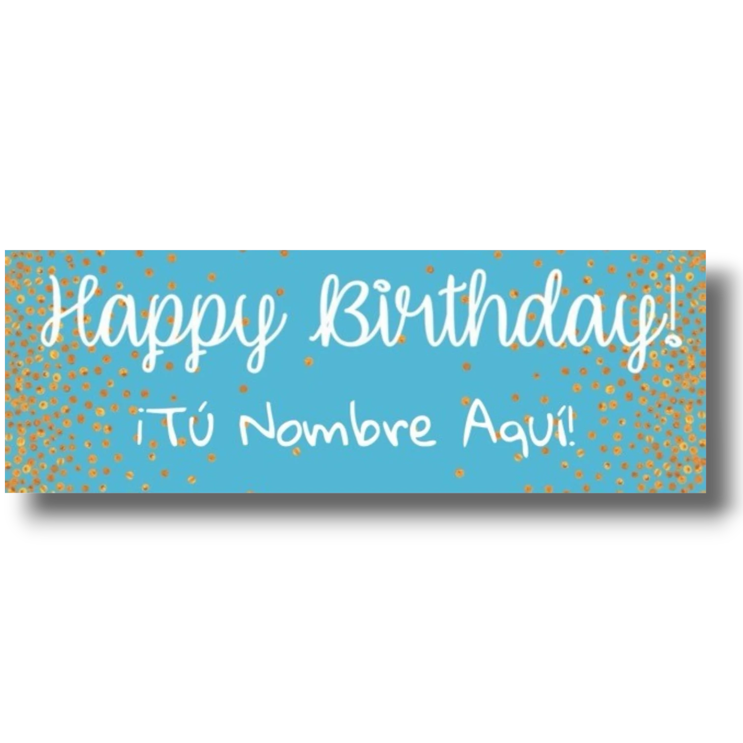 Banner de cumpleaños PartyStore azul con letras blancas y confeti dorado, personalizable con nombre