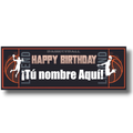 Banner de cumpleaños PartyStore con temática de baloncesto, colores naranja y negro, personalizable con nombre