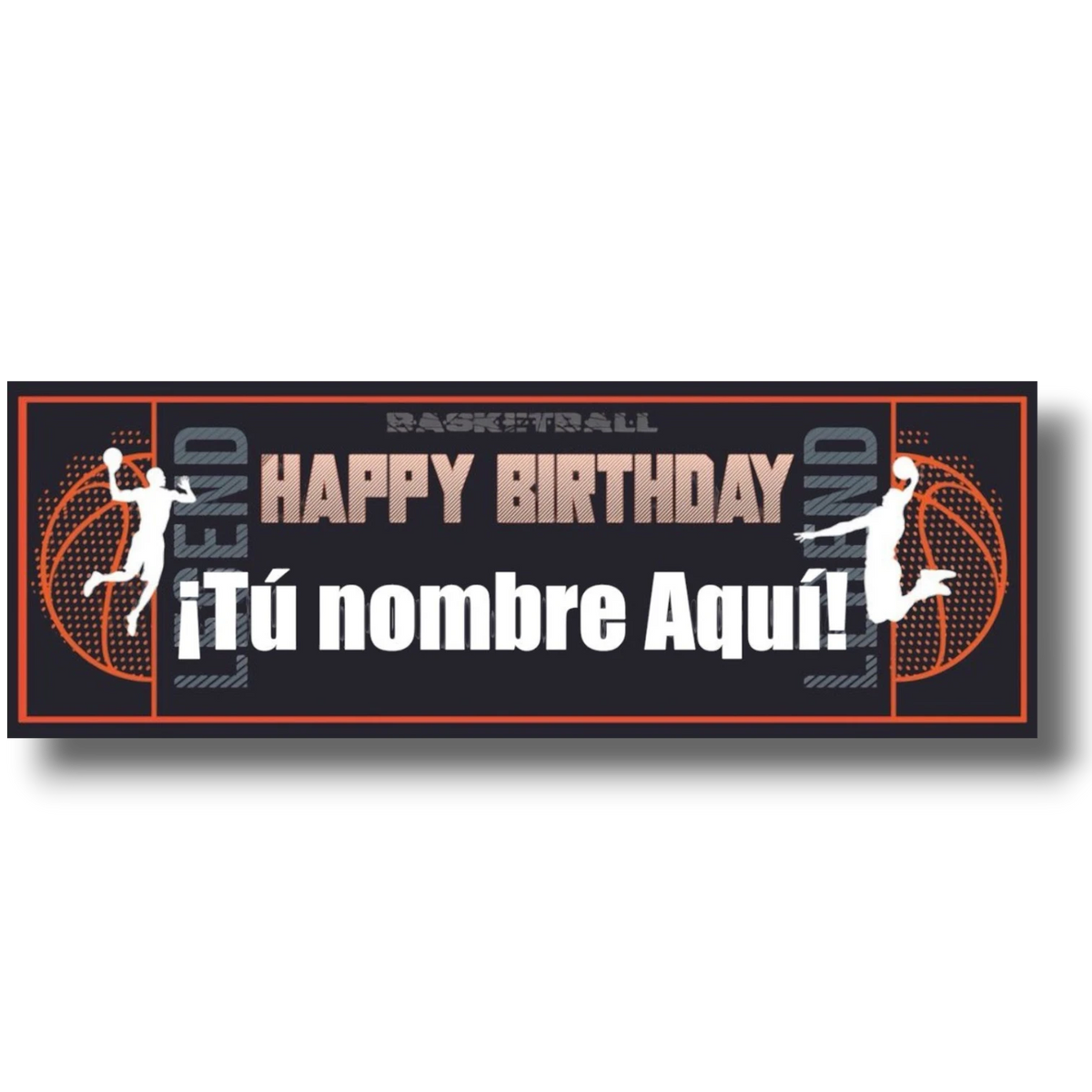 Banner de cumpleaños PartyStore con temática de baloncesto, colores naranja y negro, personalizable con nombre