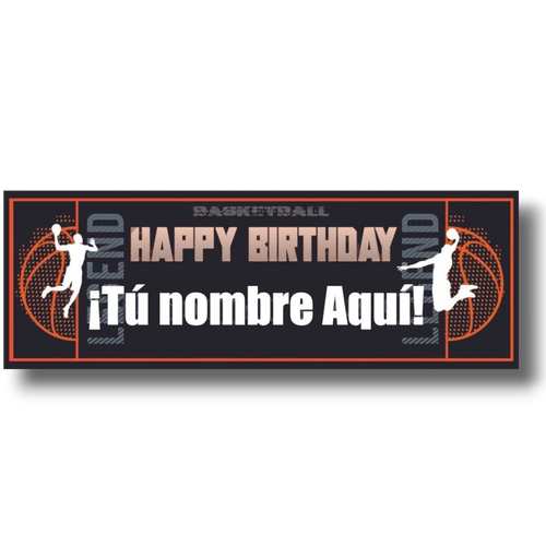 Banner de cumpleaños PartyStore con temática de baloncesto, colores naranja y negro, personalizable con nombre