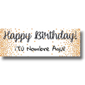Banner de cumpleaños PartyStore blanco con letras negras y bordes de confeti dorado brillante personalizable