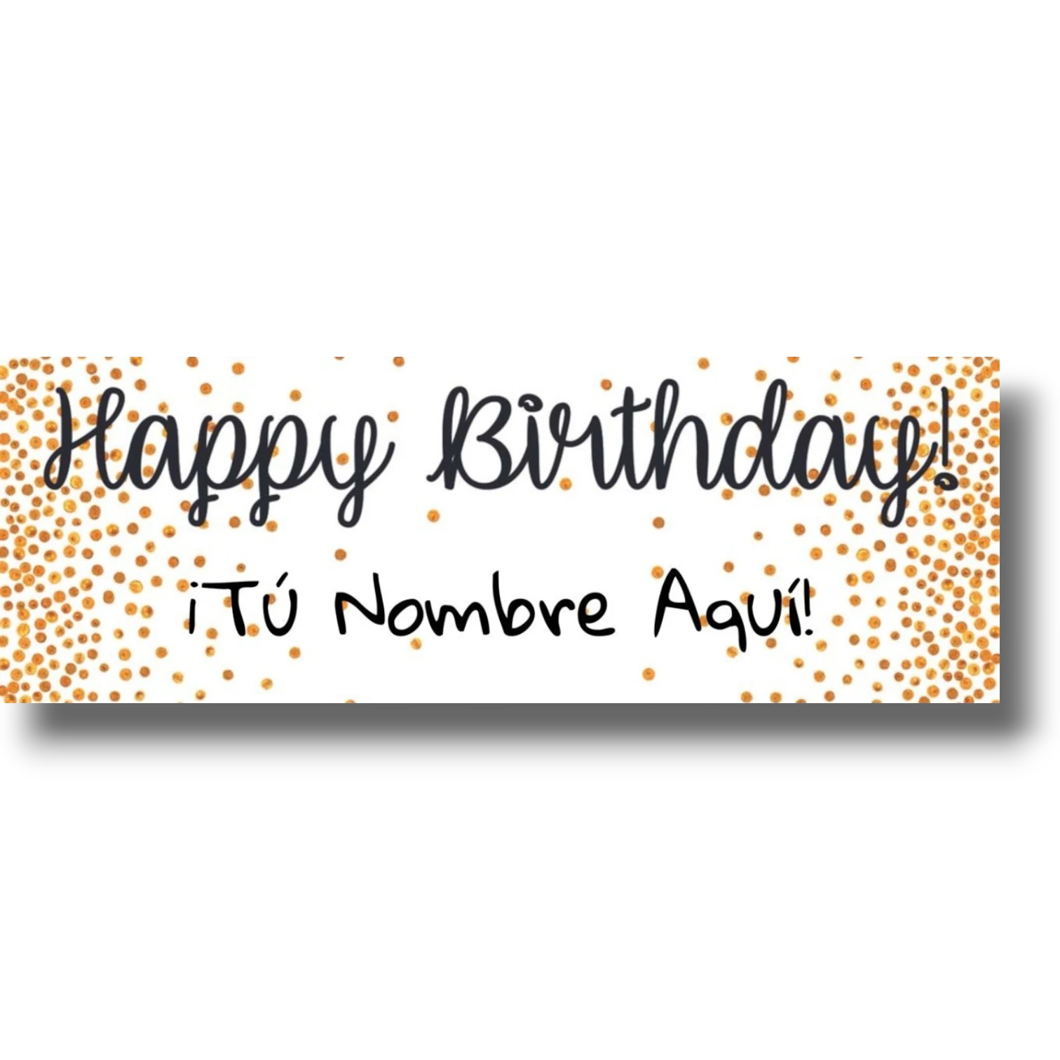 Banner de cumpleaños PartyStore blanco con letras negras y bordes de confeti dorado brillante personalizable