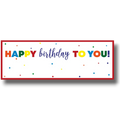 Banner de cumpleaños PartyStore con letras coloridas, estrellas y confeti sobre fondo blanco con borde rojo.