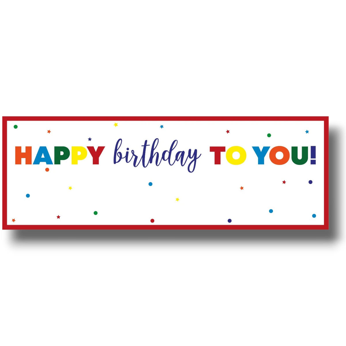 Banner de cumpleaños PartyStore con letras coloridas, estrellas y confeti sobre fondo blanco con borde rojo.